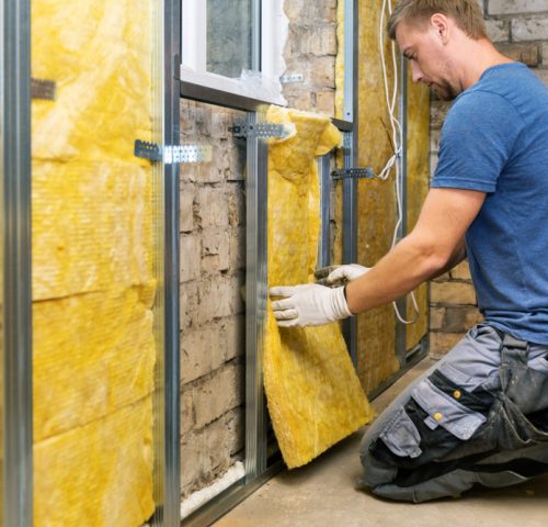 Old,House,Reconstruction,-,Construction,Worker,Insulating,Brick,Wall,With