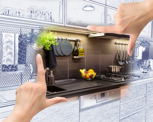 Female,Hands,Framing,Custom,Kitchen,Design.,Combination,Drawing,And,Photo.